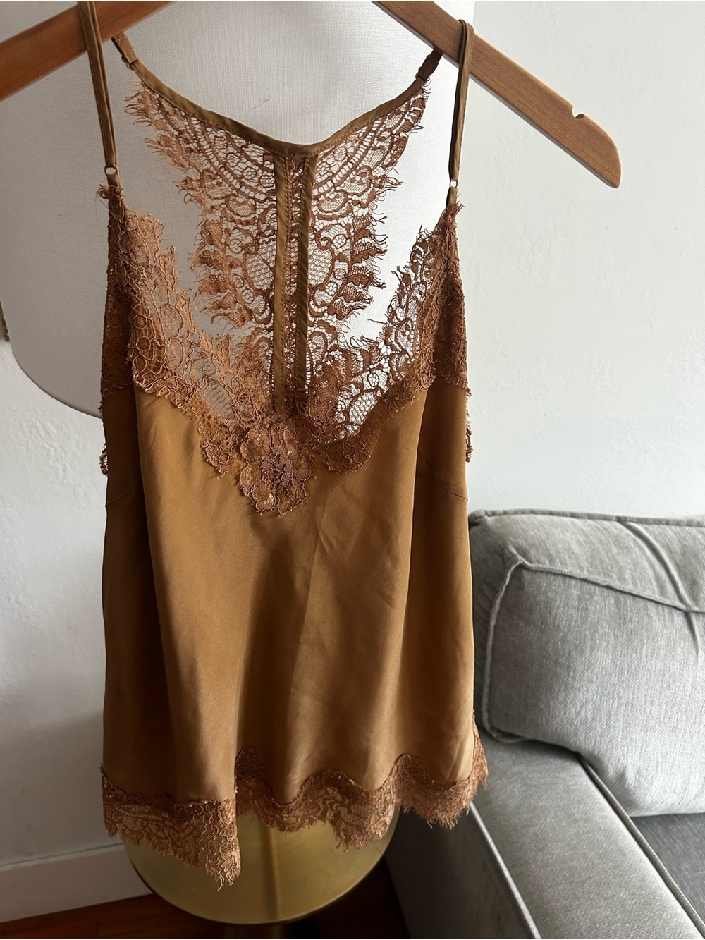 Gold Hawk Y2K Silk Top Cami Brown Lace L Racer Back Fairy Whimsigoth